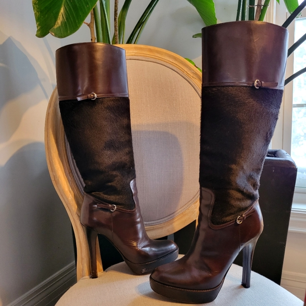 GUCCI pony and leather knee-high heeled boots - Picture 1 of 12